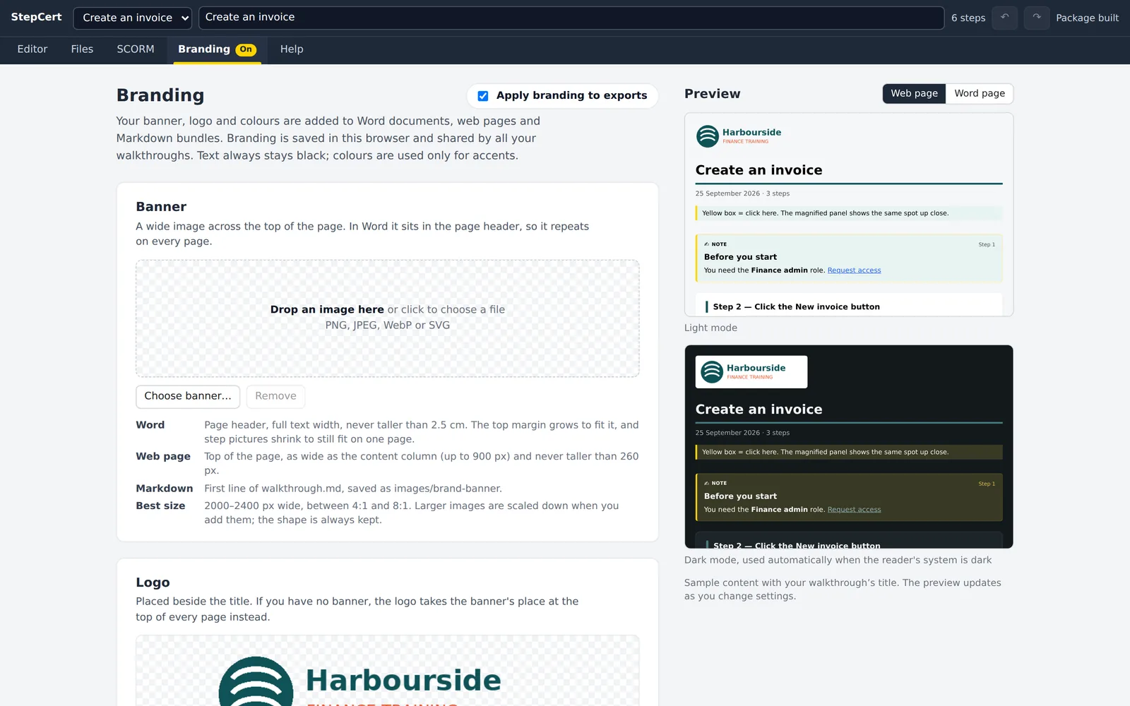 The Branding tab with the Harbourside Finance logo and live previews of the web page in light and dark mode.