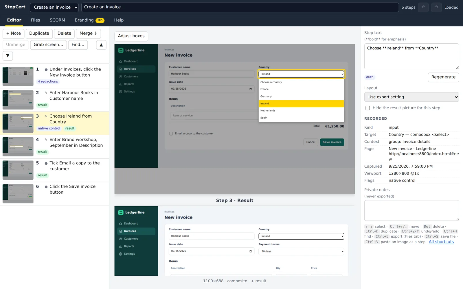The editor showing the step “Choose Ireland from Country” with the dropdown list redrawn and Ireland highlighted in yellow, and the result picture below.