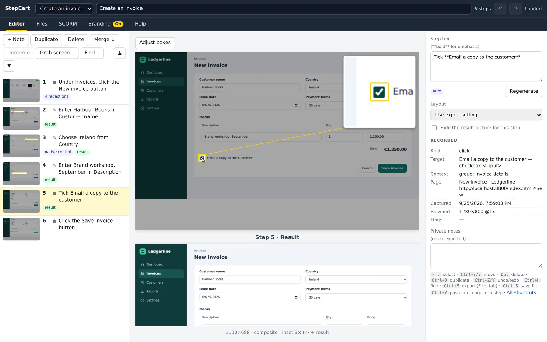 The StepCert editor showing six recorded steps. Step 5, “Tick Email a copy to the customer”, has a yellow box around the checkbox and a magnified close-up in the corner.