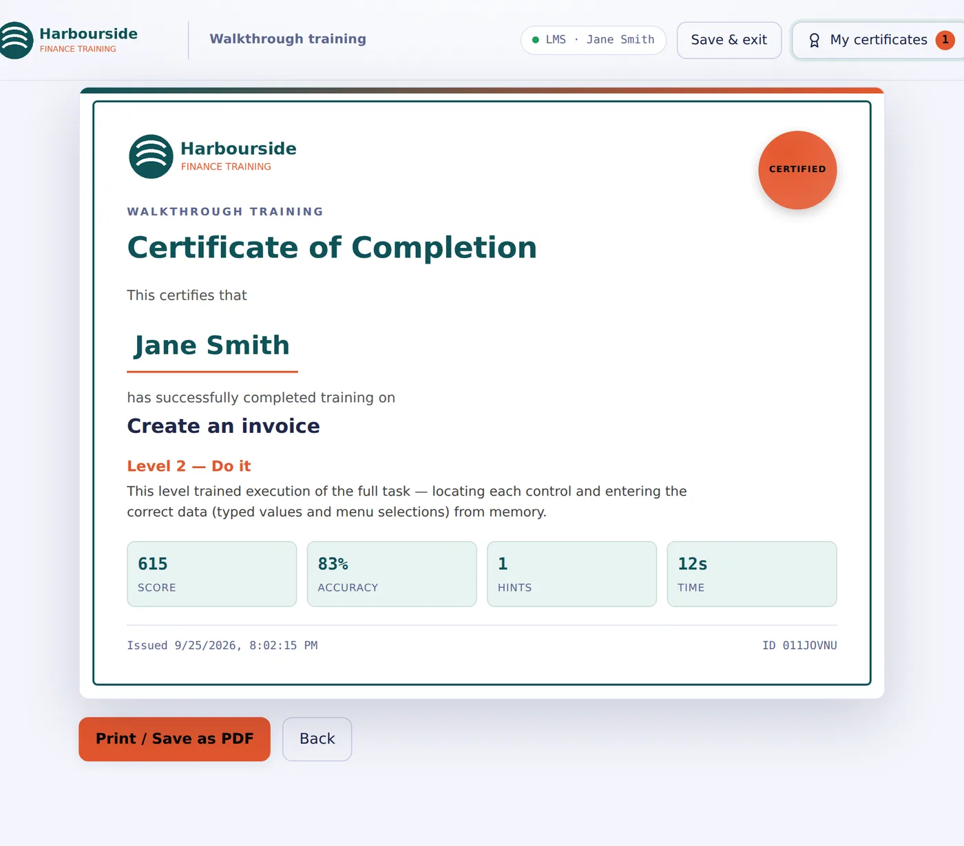 A branded Certificate of Completion for Jane Smith, Level 2, with score, accuracy, hints and time.