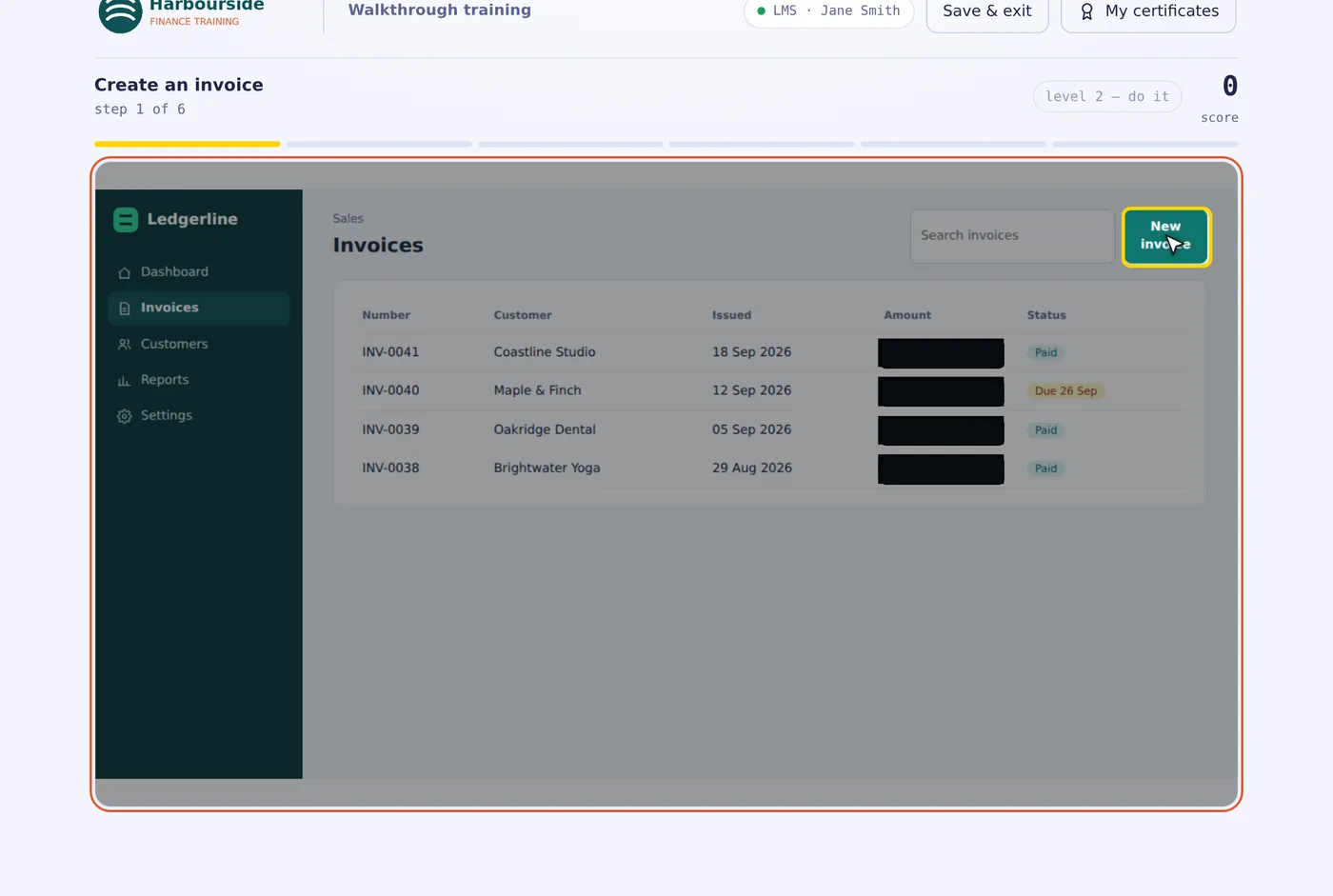 A practice level in the course player. The learner asked for a hint, so the New invoice button has a yellow box.
