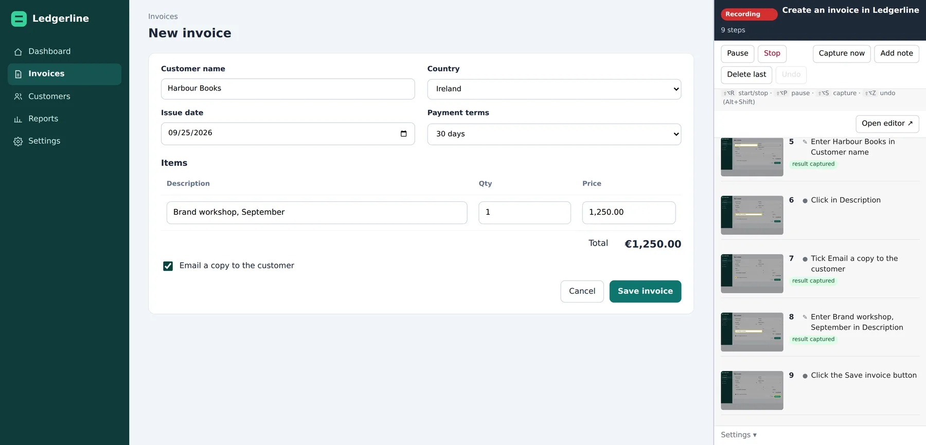 The Ledgerline invoicing app with a new invoice filled in, next to the StepCert side panel listing nine recorded steps with thumbnails.