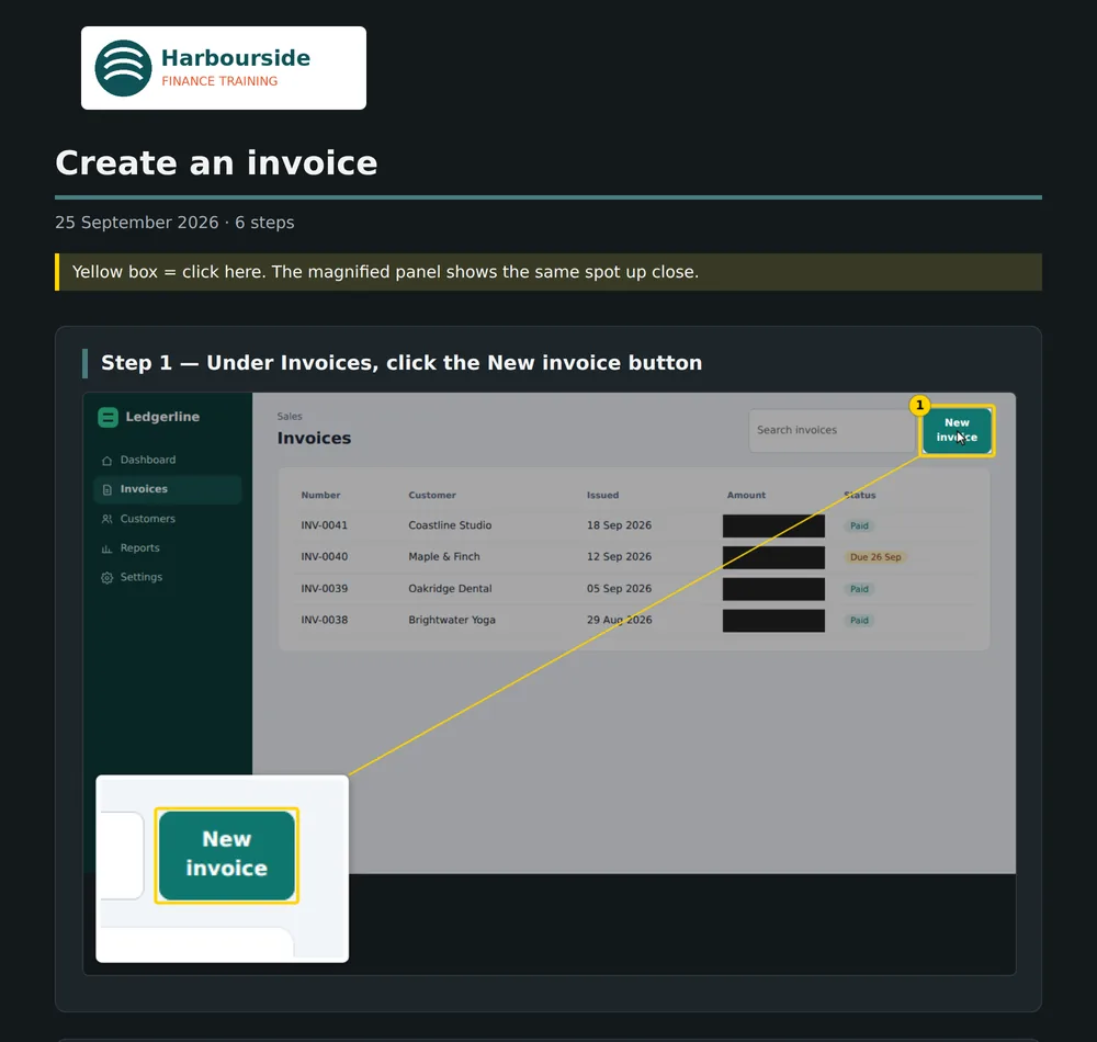 The same exported web page in dark mode.