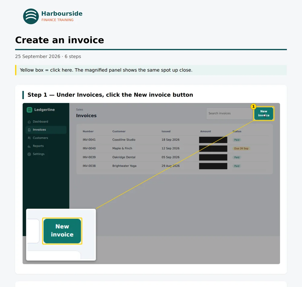 The exported web page in light mode, showing step 1 with the magnified New invoice button.