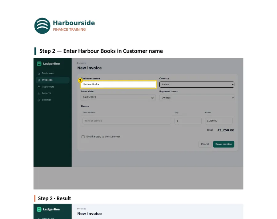 Word document page for step 2, with the Customer name field highlighted and a magnified close-up.